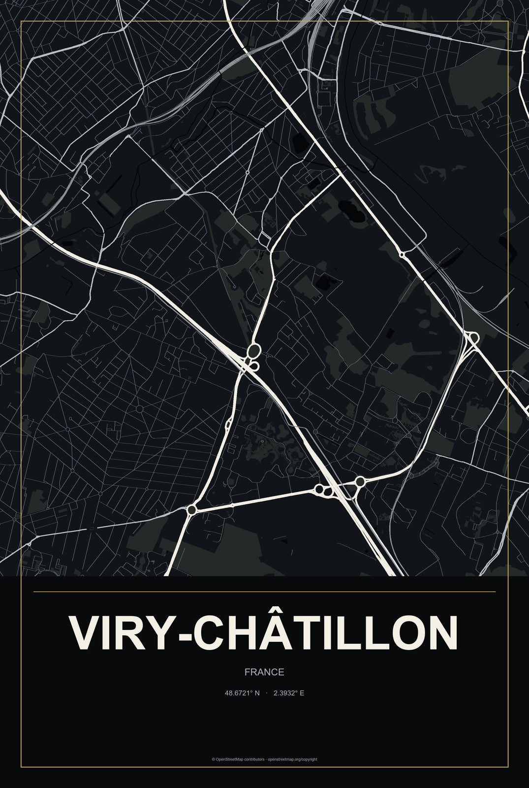 Viry-Châtillon, France City Map Aluminum Sign in Metropolitan Noir style