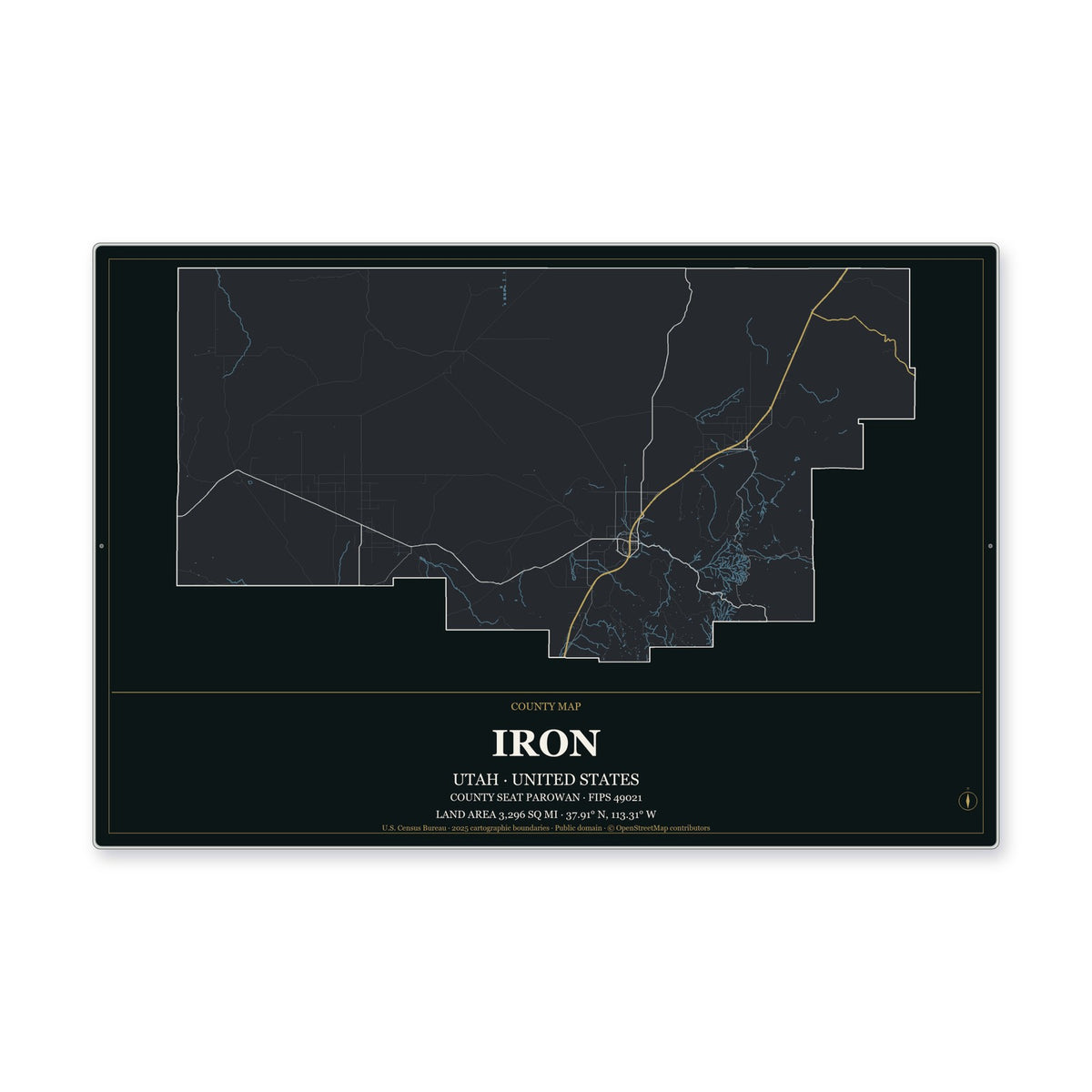 Iron County, Utah Map Aluminum Sign in Metropolitan Noir style