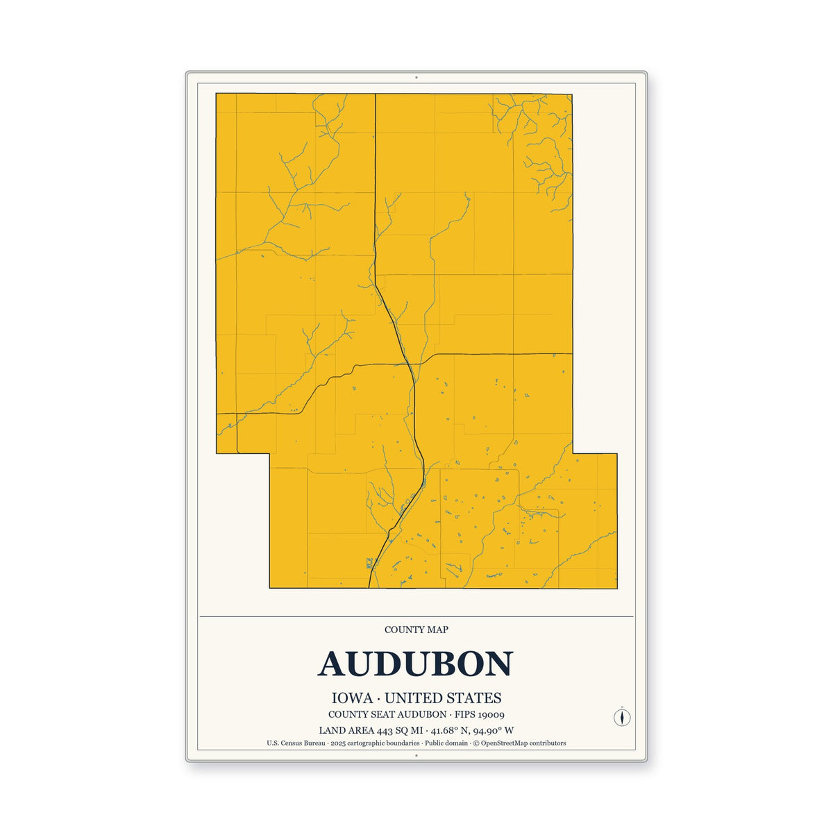 Audubon County, Iowa Map Aluminum Sign in Citrine Modern style