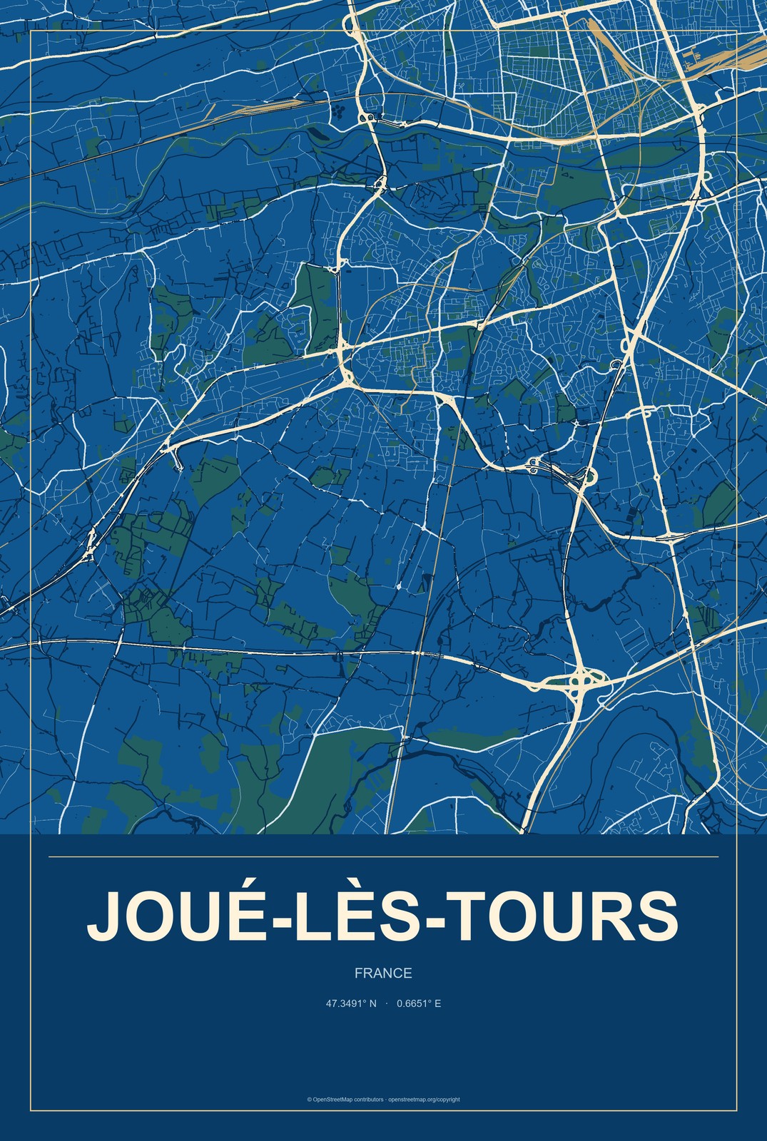 Joué-lès-Tours, France City Map Aluminum Sign in Harbor Cobalt style