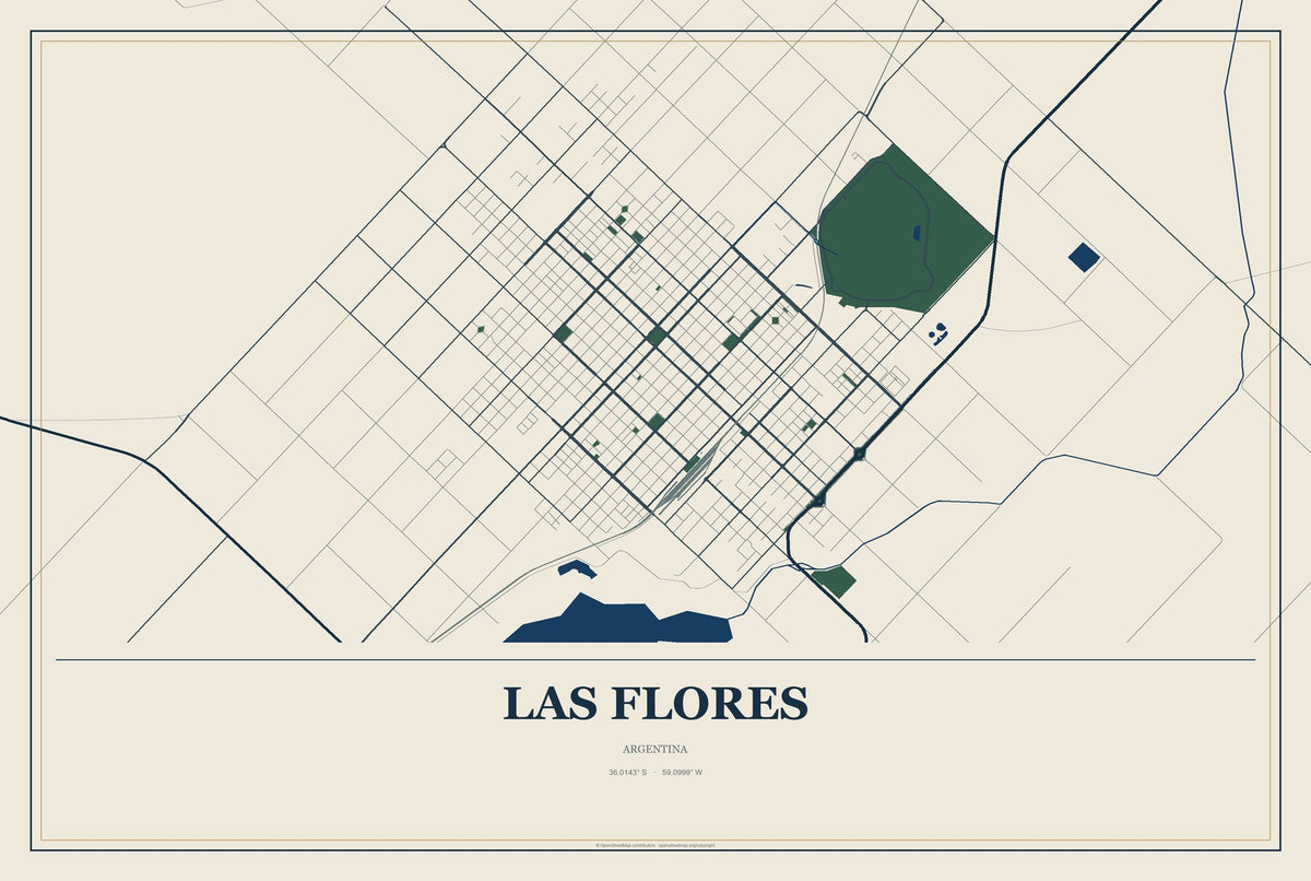 Las Flores, Argentina City Map Aluminum Sign in Coastal Cutout style