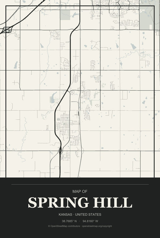 Spring Hill, Kansas City Map Aluminum Sign in Museum Plaque style