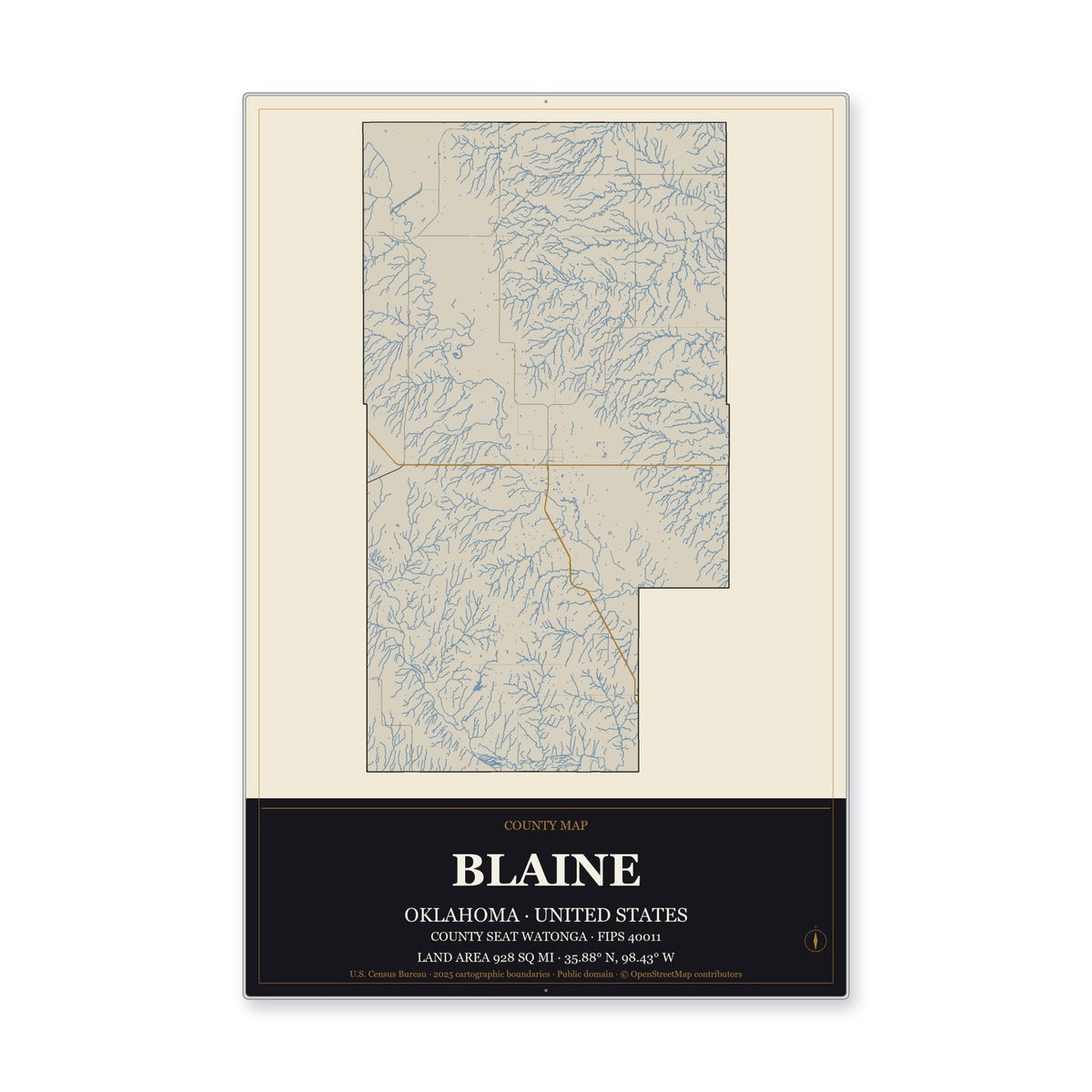 Blaine County, Oklahoma Map Aluminum Sign in Museum Plaque style