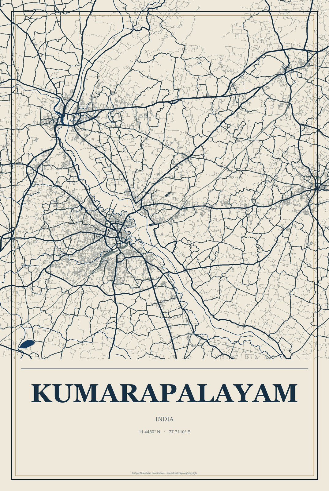 Kumarapalayam, India City Map Aluminum Sign in Coastal Cutout style