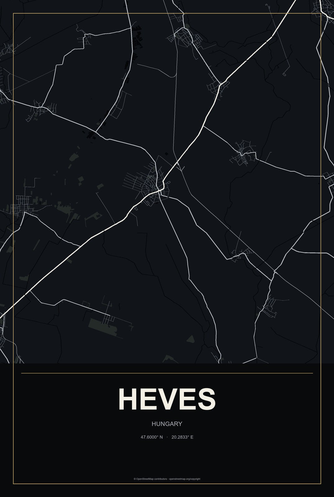 Heves, Hungary City Map Aluminum Sign in Metropolitan Noir style