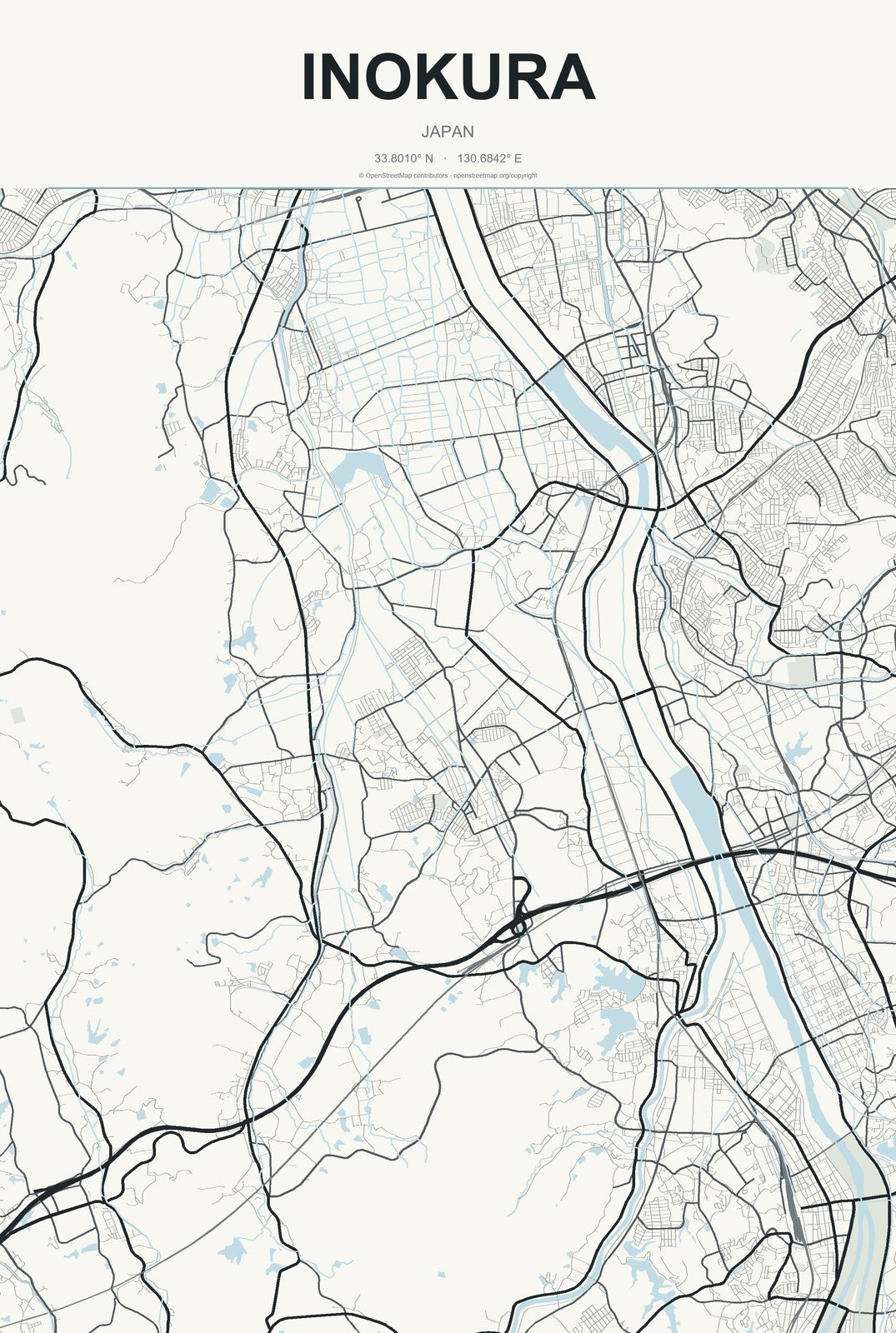 Inokura, Japan City Map Aluminum Sign in Headline Atlas style
