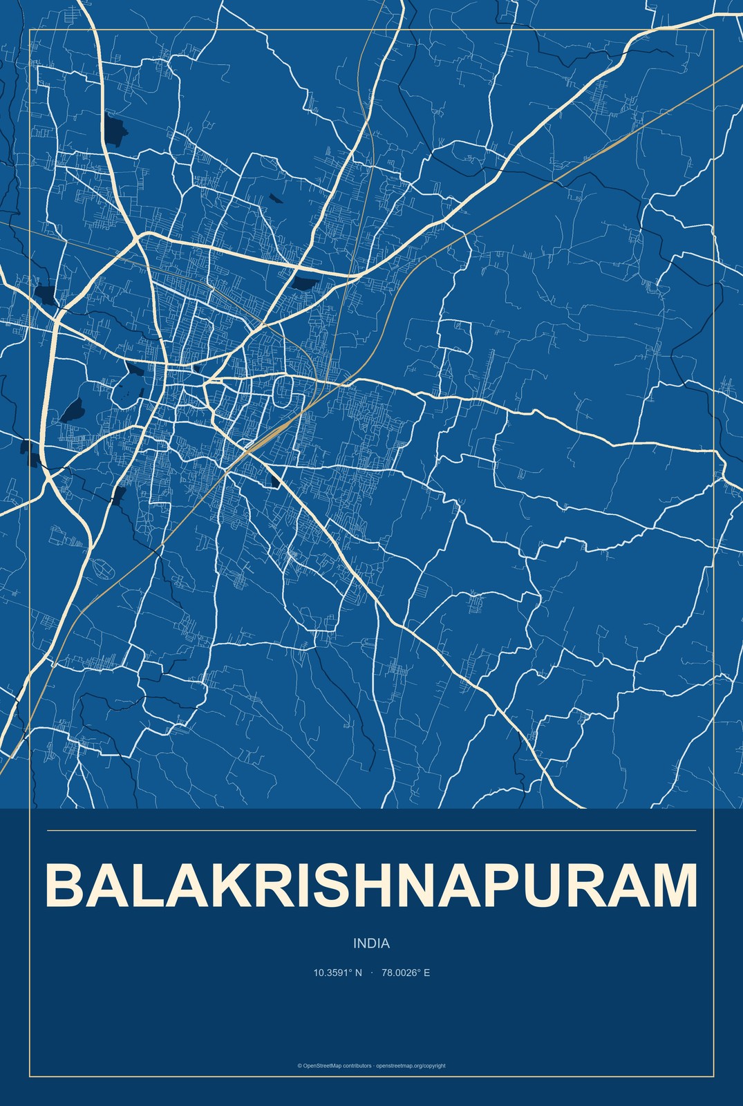 Balakrishnapuram, India City Map Aluminum Sign in Harbor Cobalt style