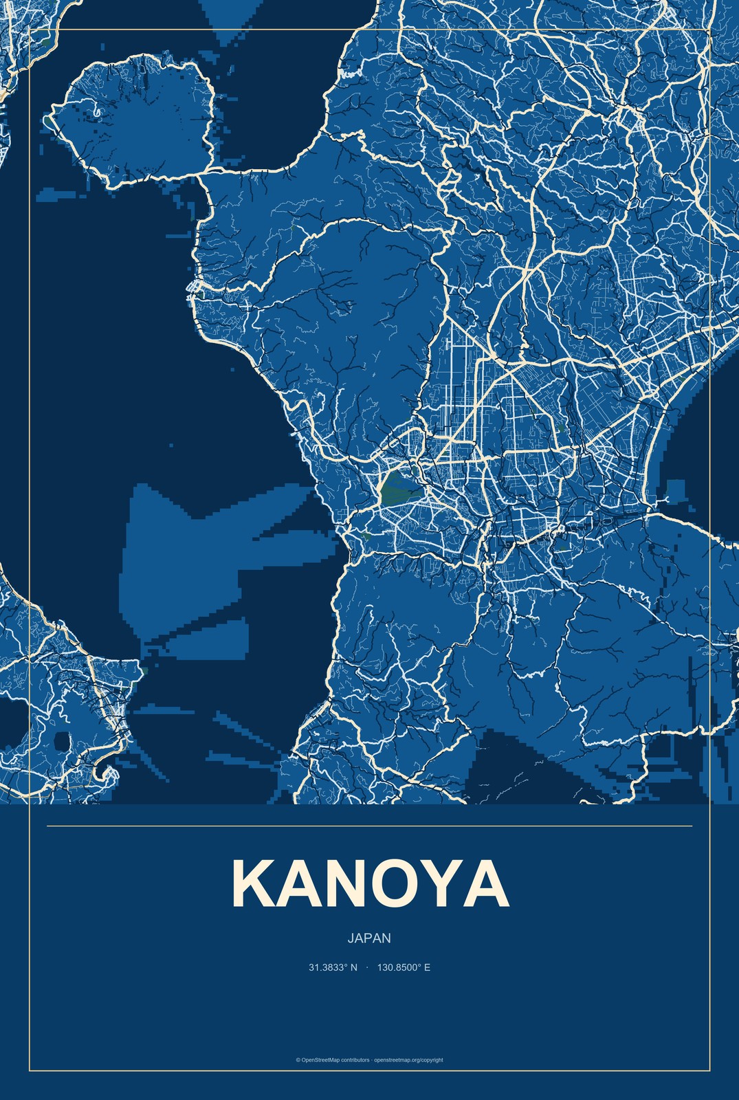 Kanoya, Japan City Map Aluminum Sign in Harbor Cobalt style