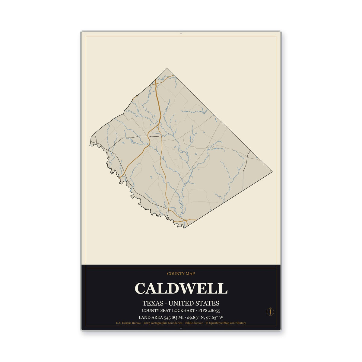 Caldwell County, Texas Map Aluminum Sign in Museum Plaque style