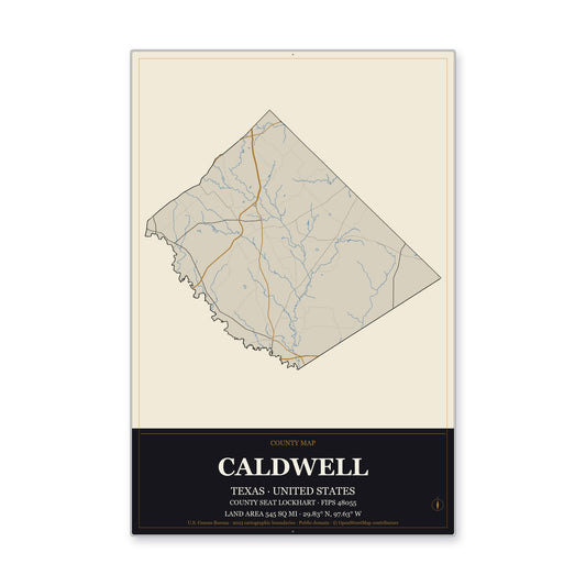 Caldwell County, Texas Map Aluminum Sign in Museum Plaque style
