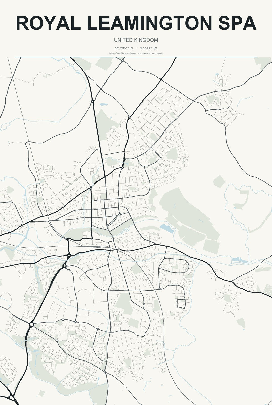 Royal Leamington Spa, United Kingdom City Map Aluminum Sign in Headline Atlas style