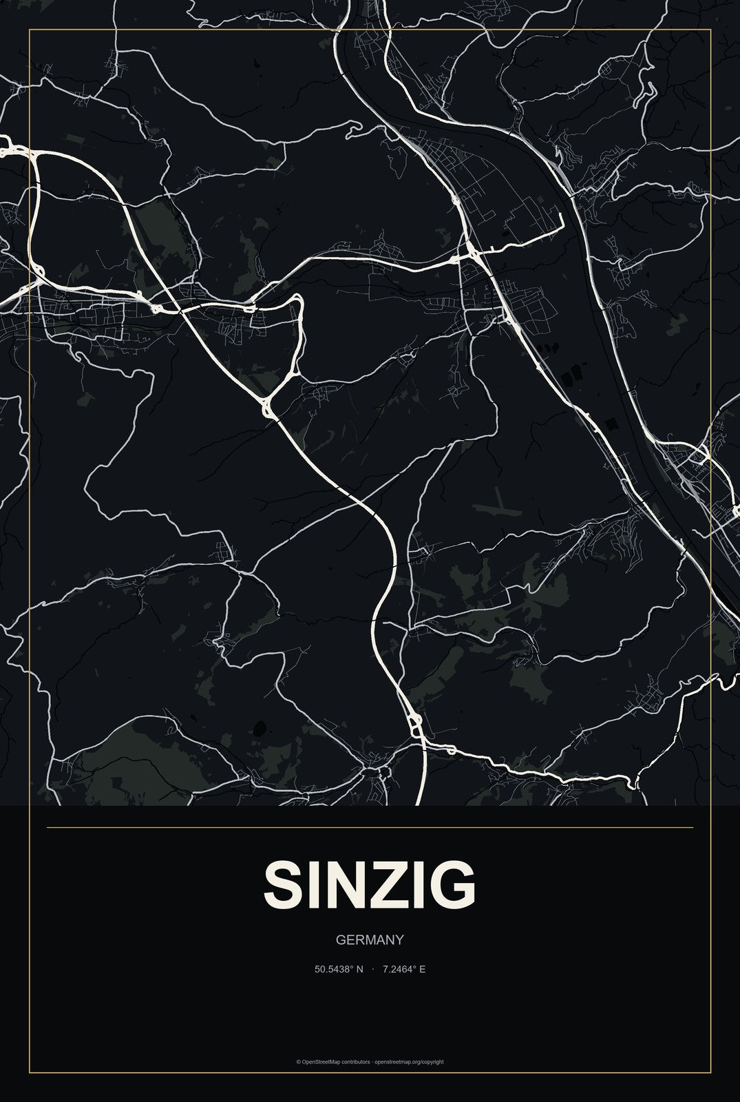 Sinzig, Germany City Map Aluminum Sign in Metropolitan Noir style