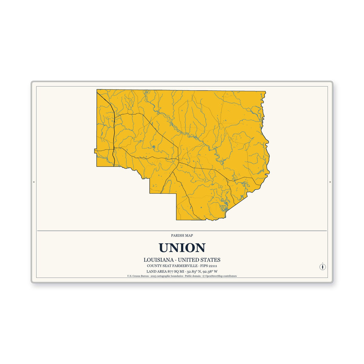 Union Parish, Louisiana Map Aluminum Sign in Citrine Modern style