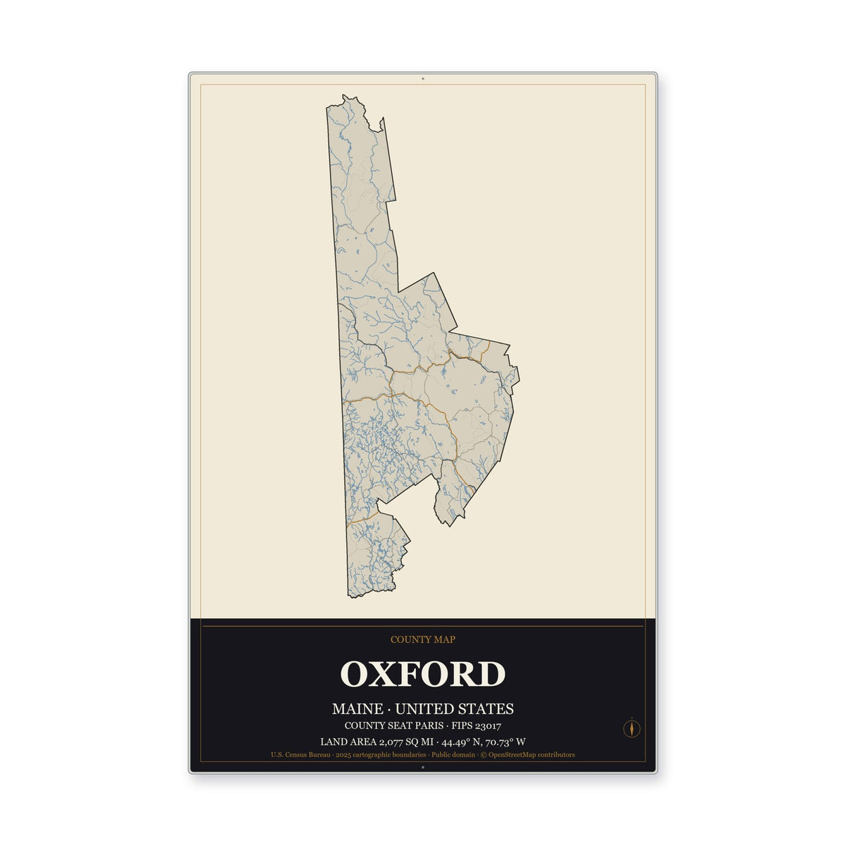 Oxford County, Maine Map Aluminum Sign in Museum Plaque style