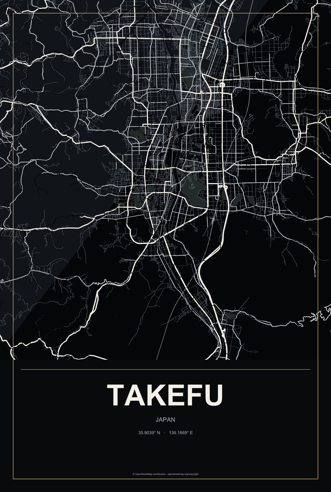 Takefu, Japan City Map Aluminum Sign in Metropolitan Noir style