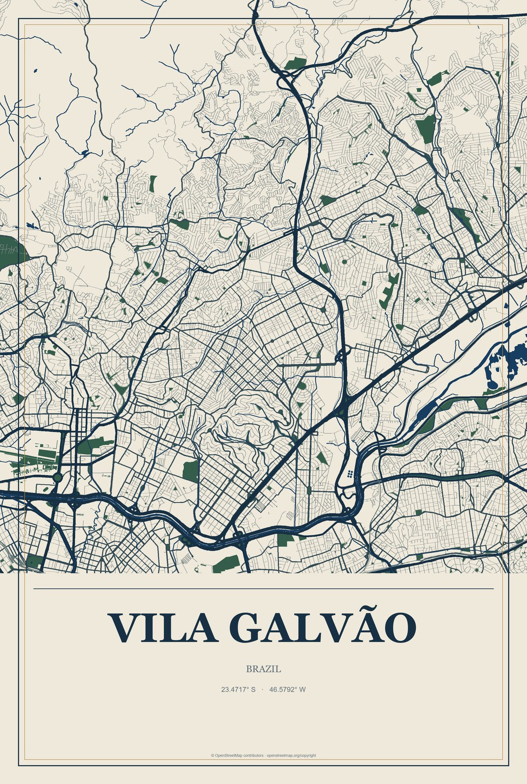 Vila Galvão, Brazil City Map Aluminum Sign in Coastal Cutout style