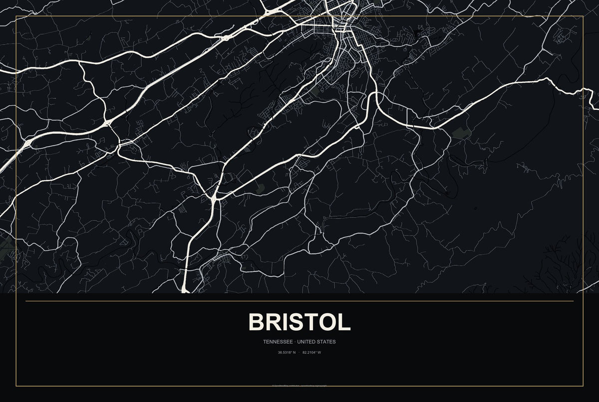Bristol, Tennessee City Map Aluminum Sign in Metropolitan Noir style