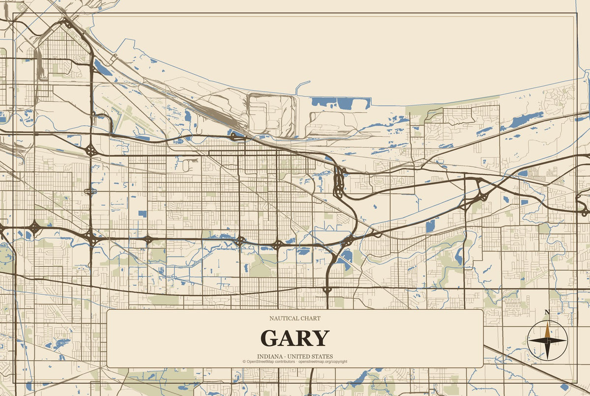 Gary, Indiana City Map Aluminum Sign in Heritage Nautical style