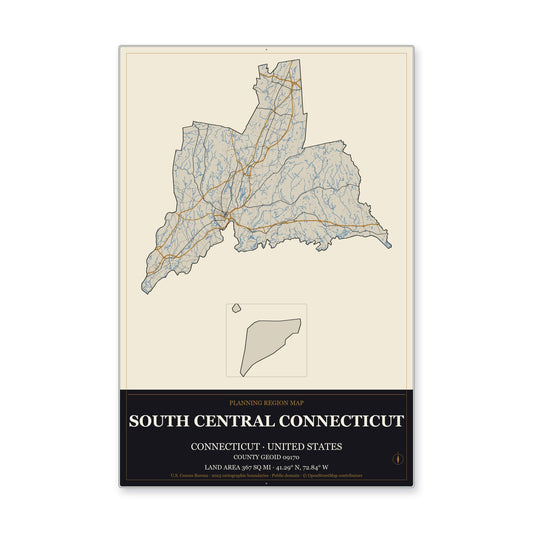 South Central Connecticut Planning Region, Connecticut Map Aluminum Sign in Museum Plaque style