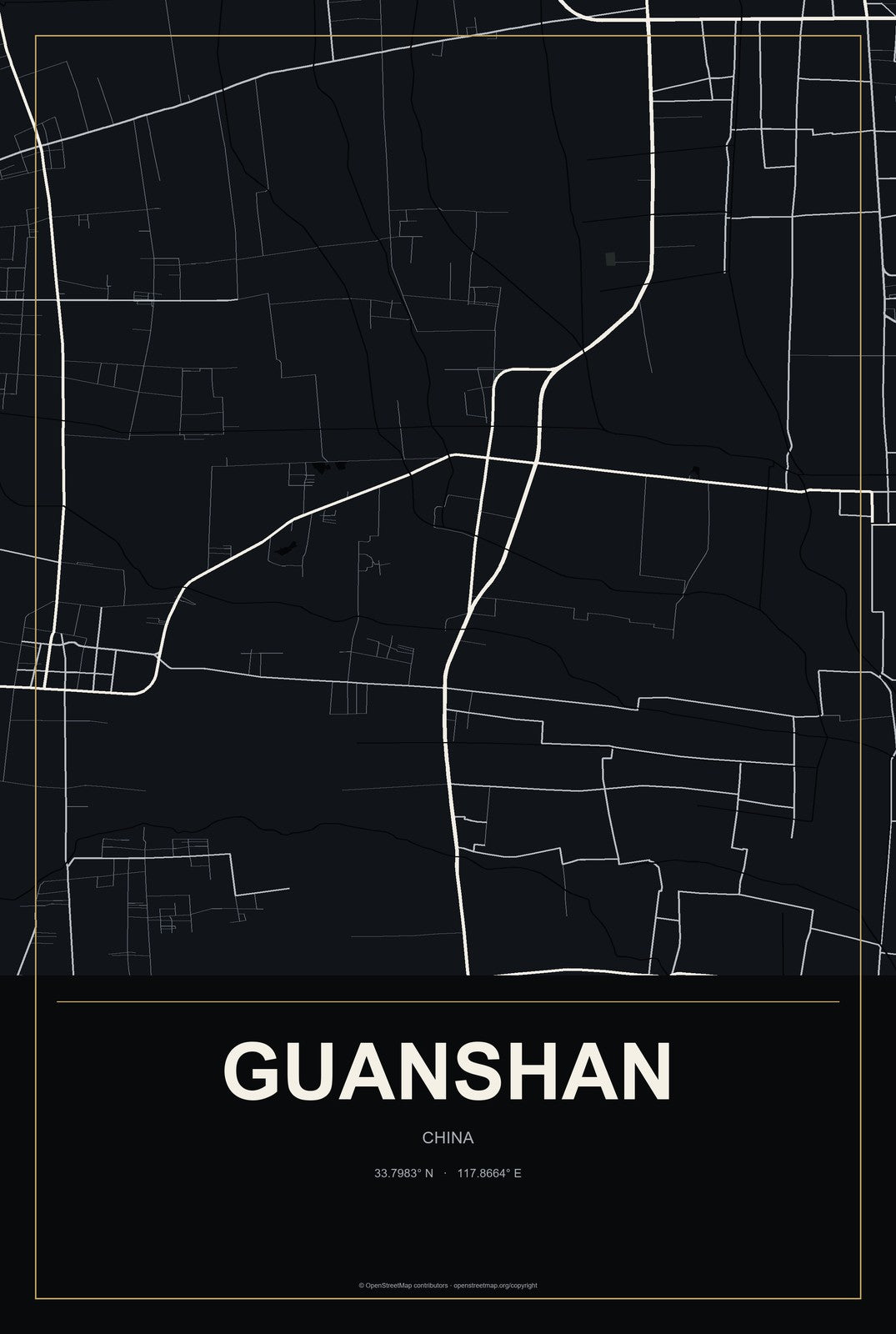 Guanshan, China City Map Aluminum Sign in Metropolitan Noir style