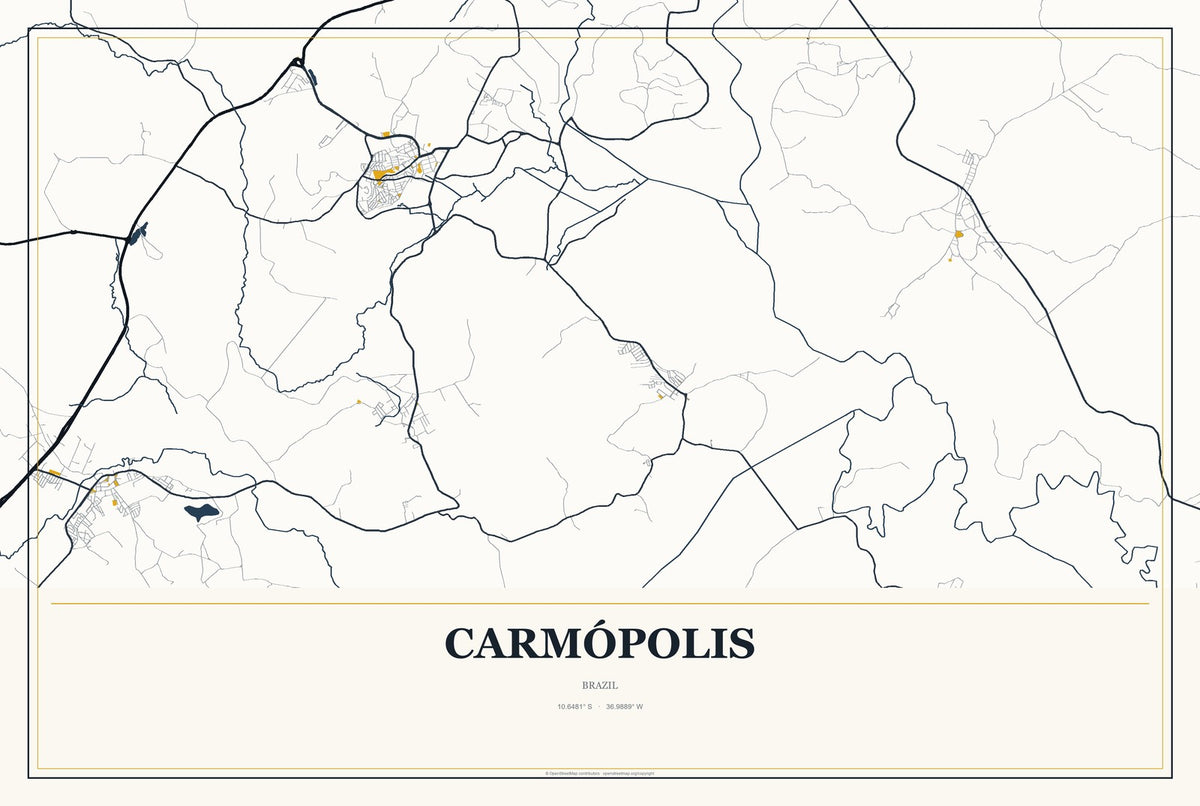 Carmópolis, Brazil City Map Aluminum Sign in Citrine Modern style