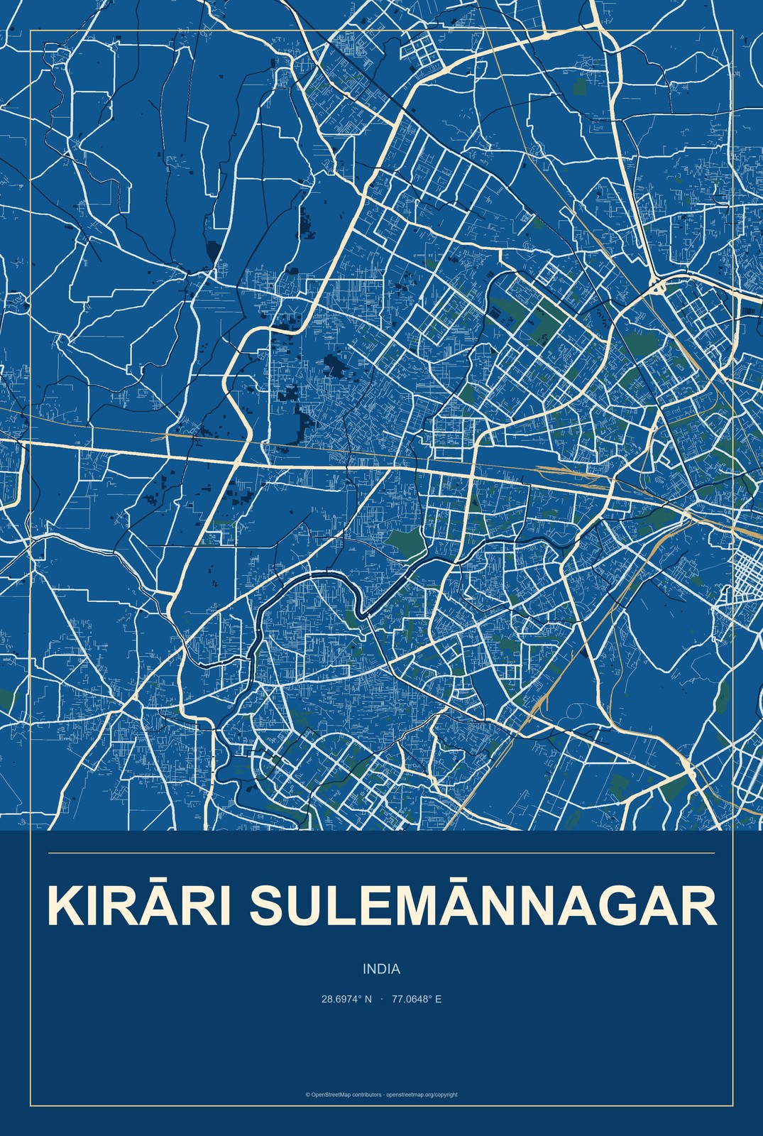 Kirāri Sulemānnagar, India City Map Aluminum Sign in Harbor Cobalt style