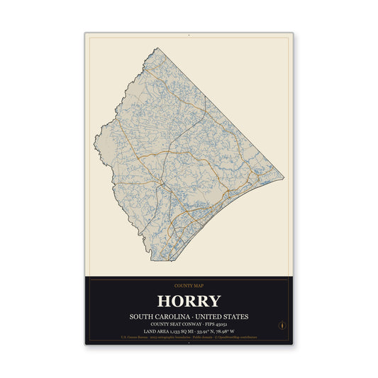 Horry County, South Carolina Map Aluminum Sign in Museum Plaque style