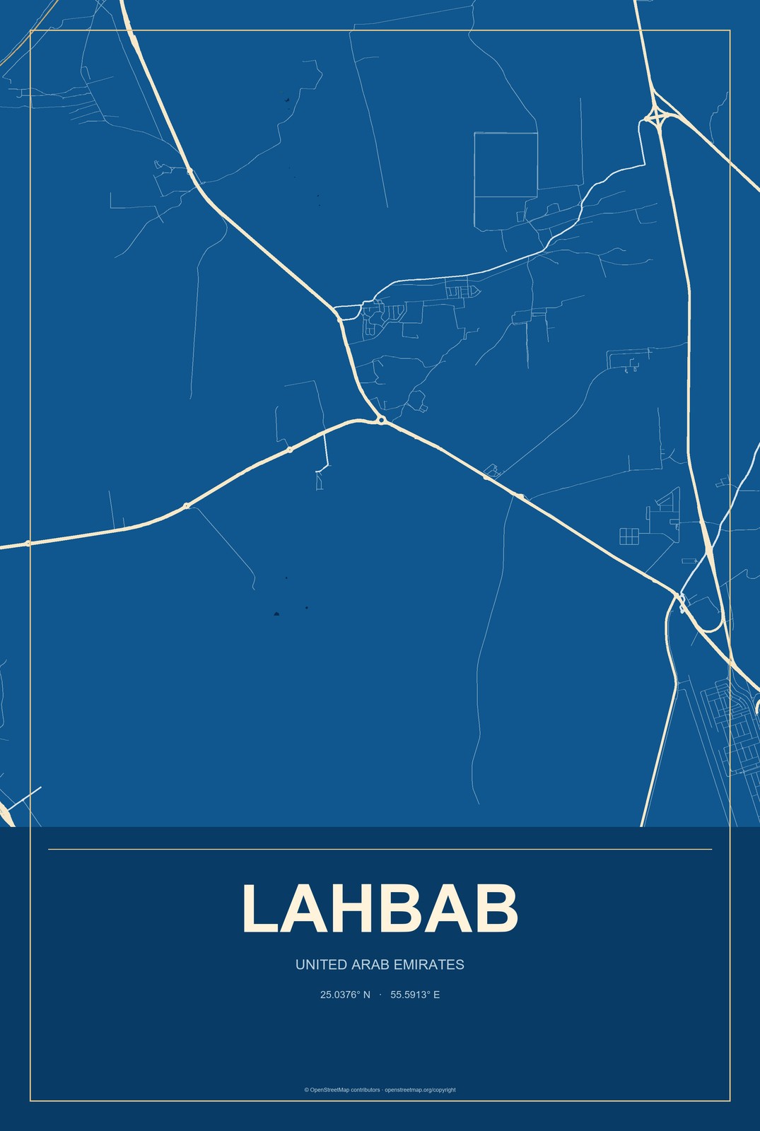 Lahbab, United Arab Emirates City Map Aluminum Sign in Harbor Cobalt style