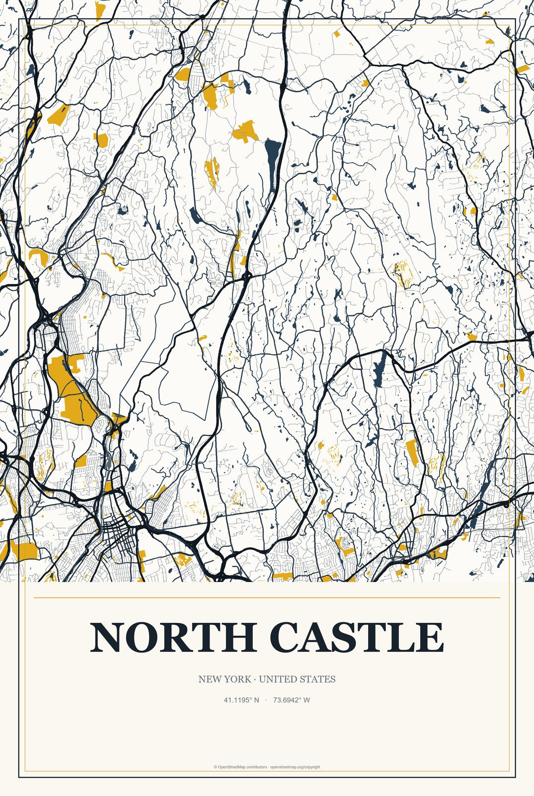 North Castle, New York City Map Aluminum Sign in Citrine Modern style