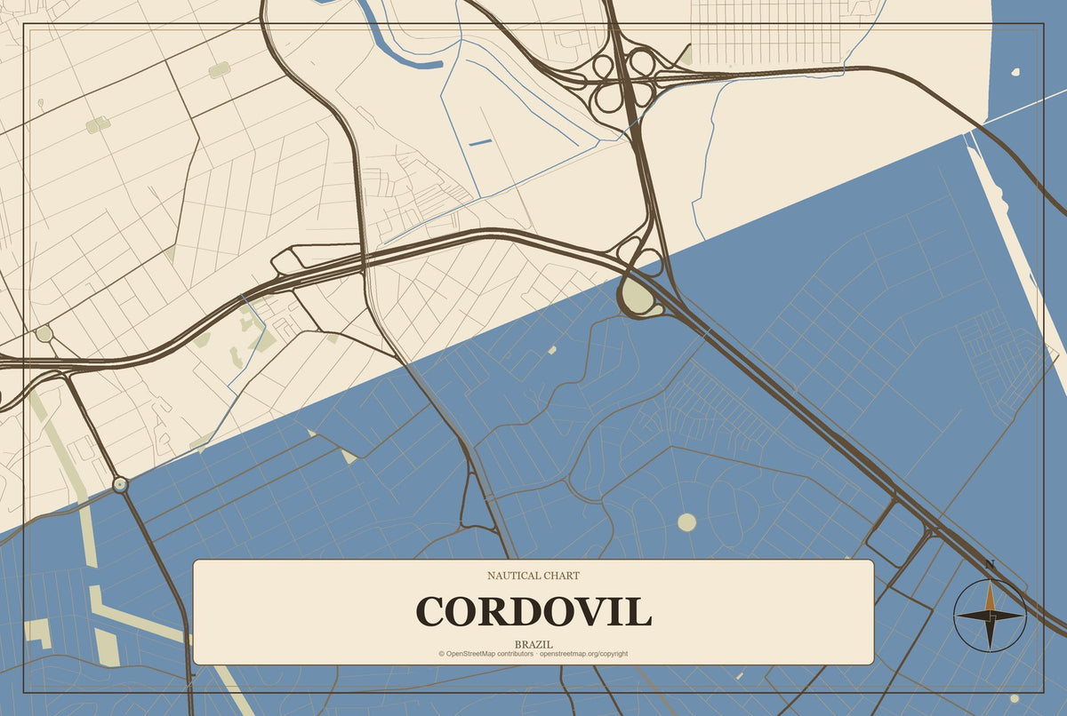 Cordovil, Brazil City Map Aluminum Sign in Heritage Nautical style