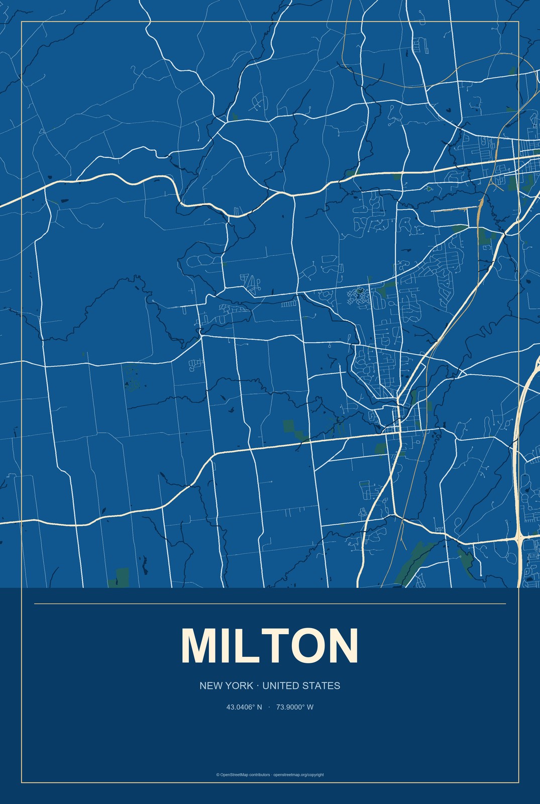 Milton, New York City Map Aluminum Sign in Harbor Cobalt style