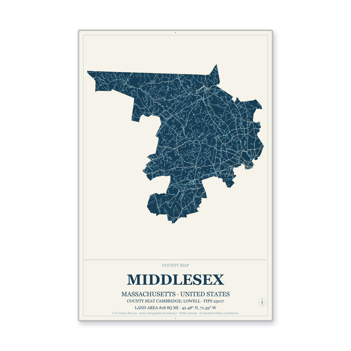 Middlesex County, Massachusetts Map Aluminum Sign in Coastal Cutout style