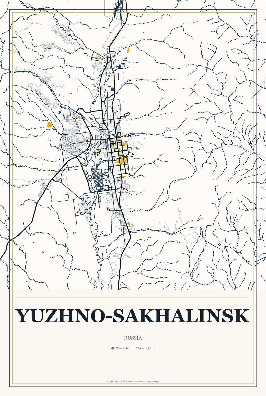 Yuzhno-Sakhalinsk, Russia City Map Aluminum Sign in Citrine Modern style