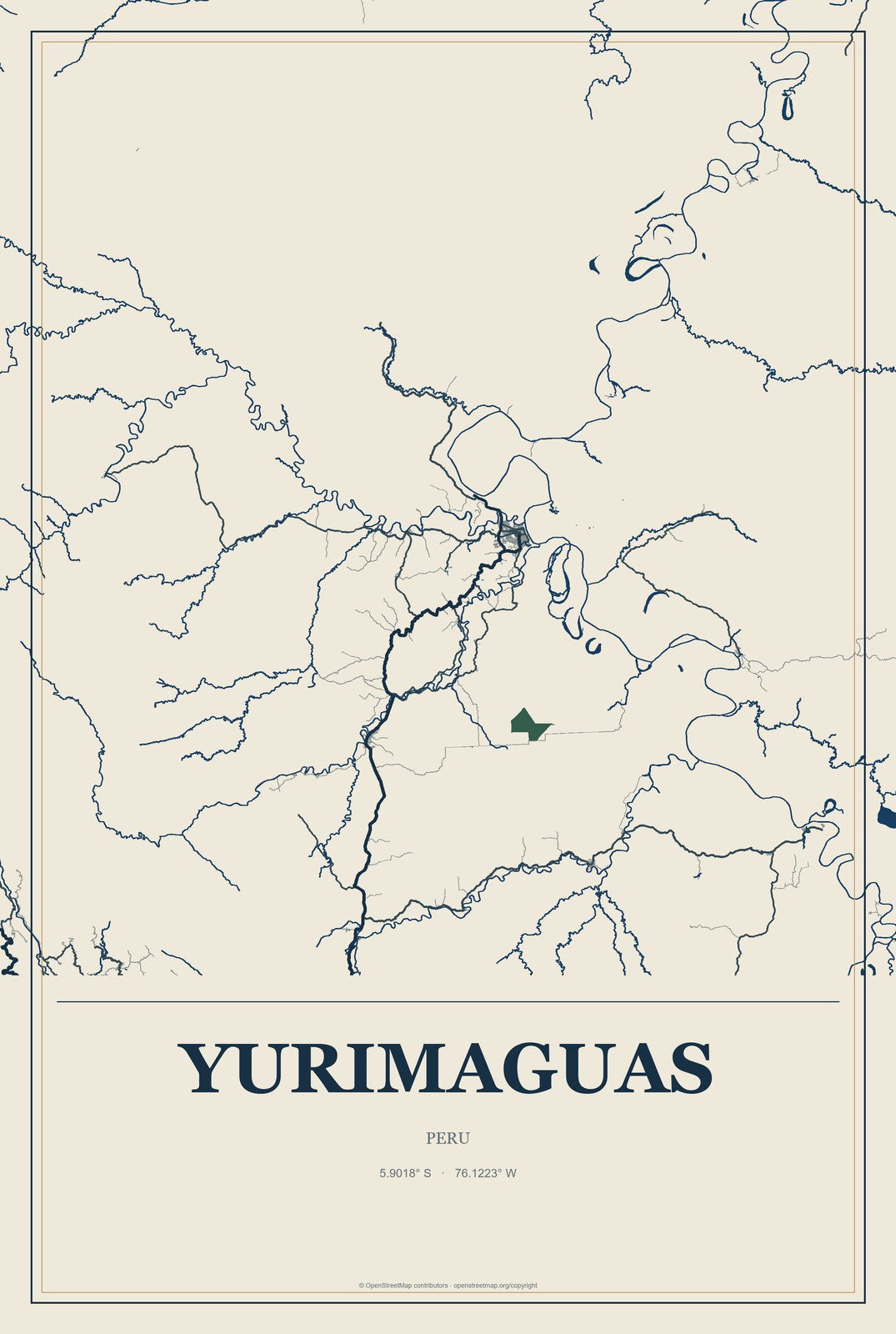 Yurimaguas, Peru City Map Aluminum Sign in Coastal Cutout style