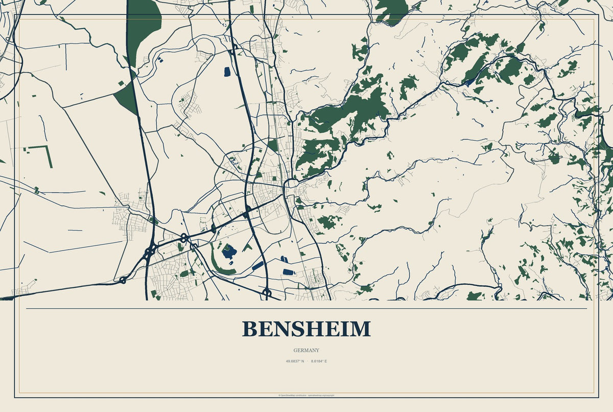 Bensheim, Germany City Map Aluminum Sign in Coastal Cutout style