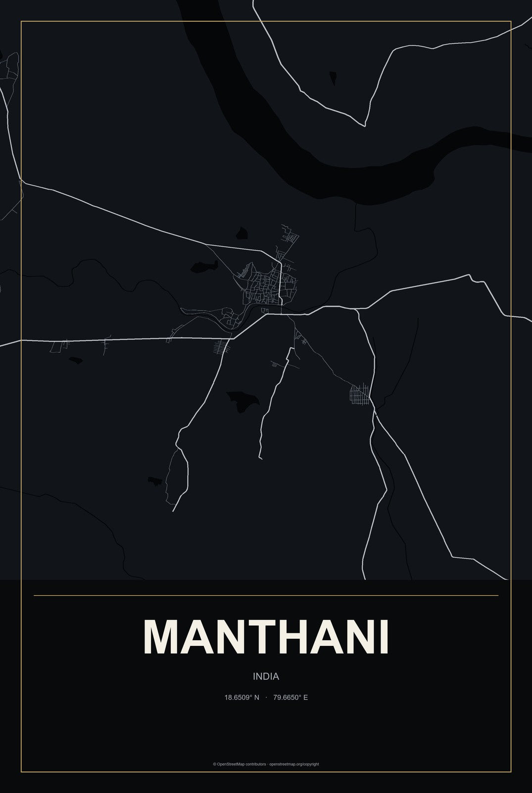 Manthani, India City Map Aluminum Sign in Metropolitan Noir style
