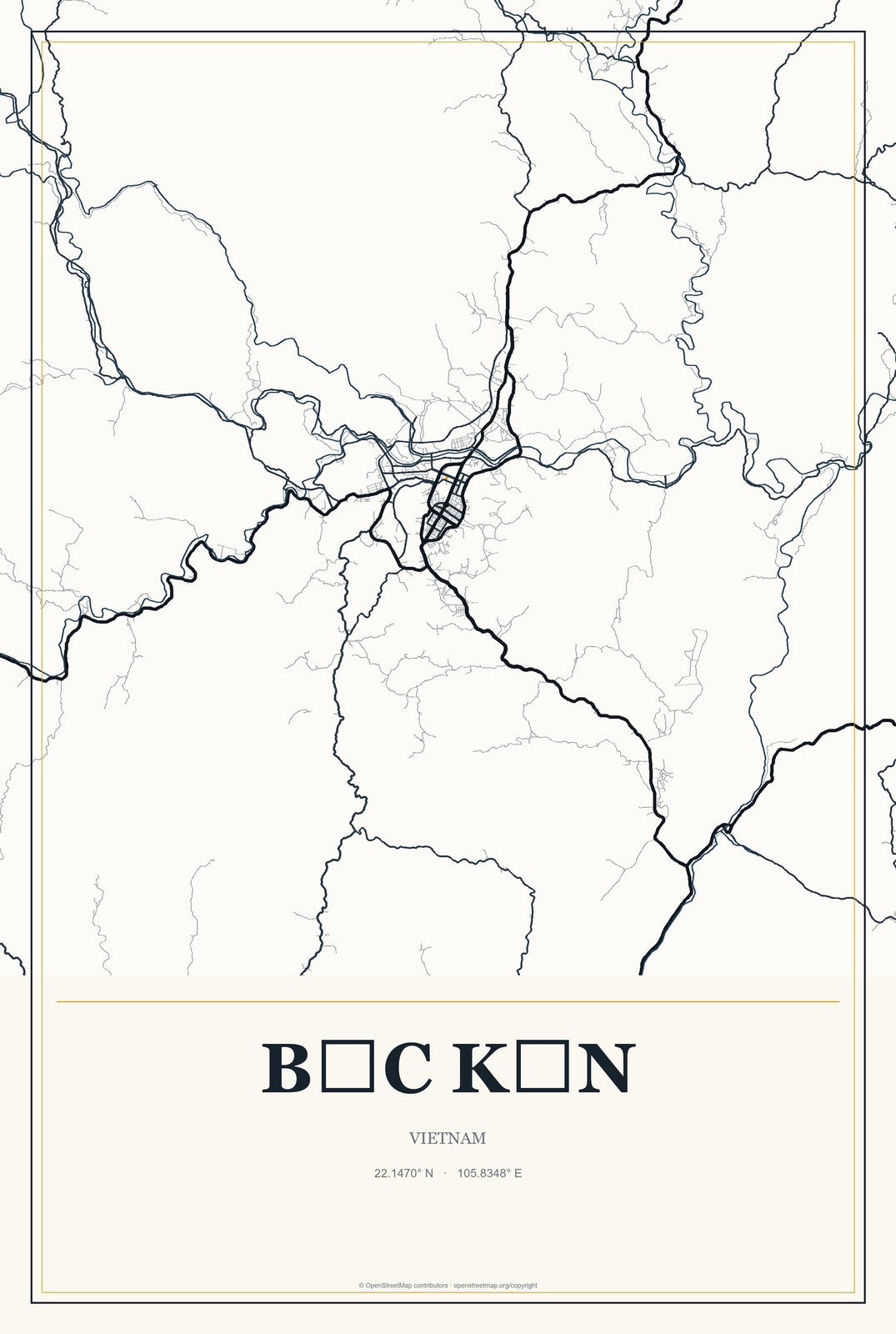 Bắc Kạn, Vietnam City Map Aluminum Sign in Citrine Modern style