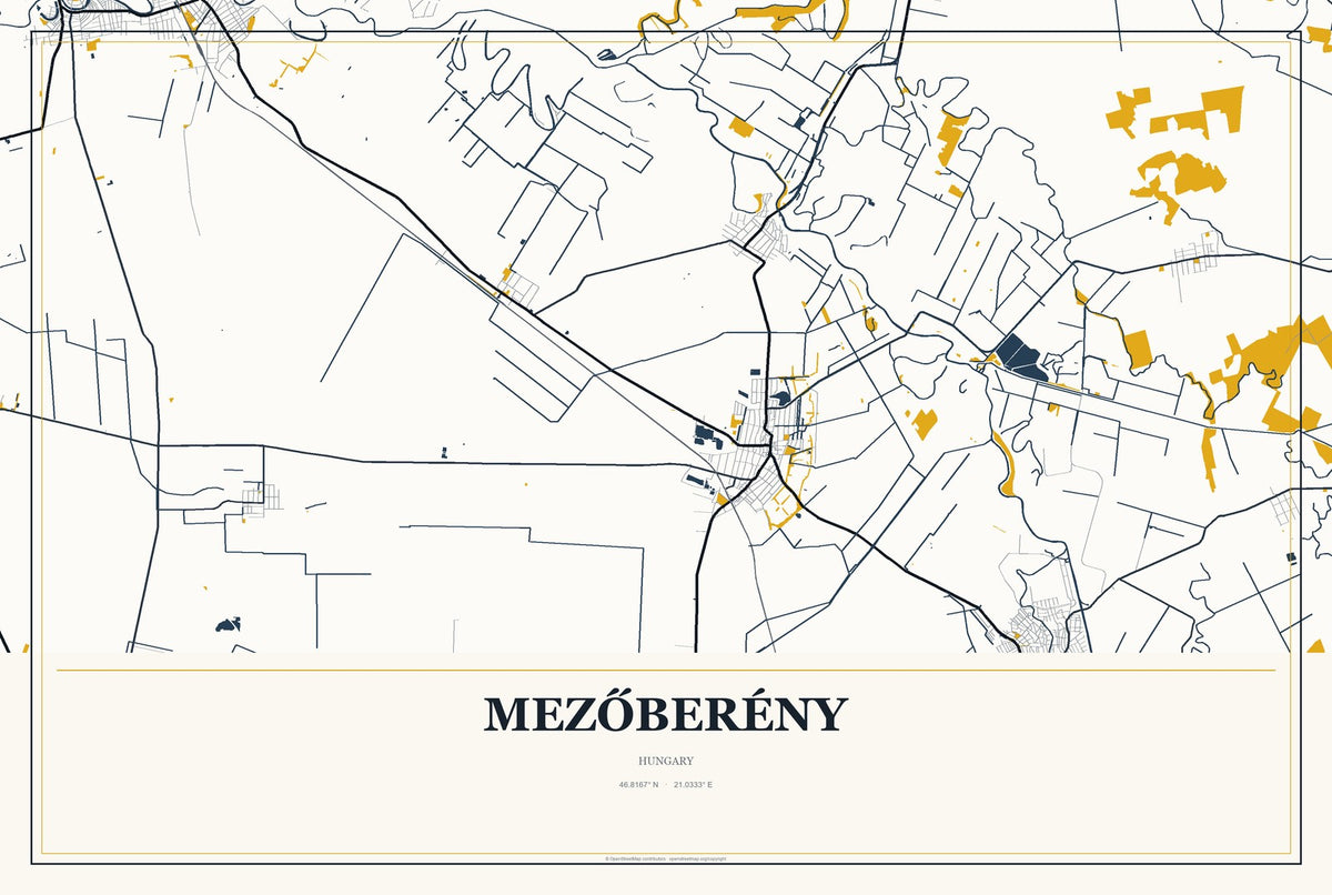 Mezőberény, Hungary City Map Aluminum Sign in Citrine Modern style