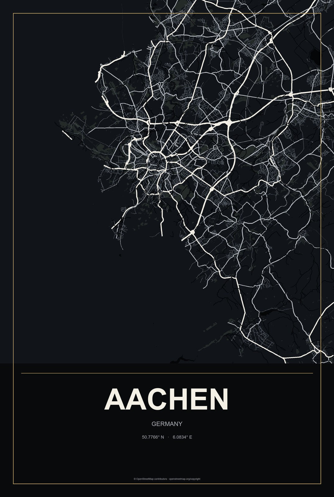 Aachen, Germany City Map Aluminum Sign in Metropolitan Noir style