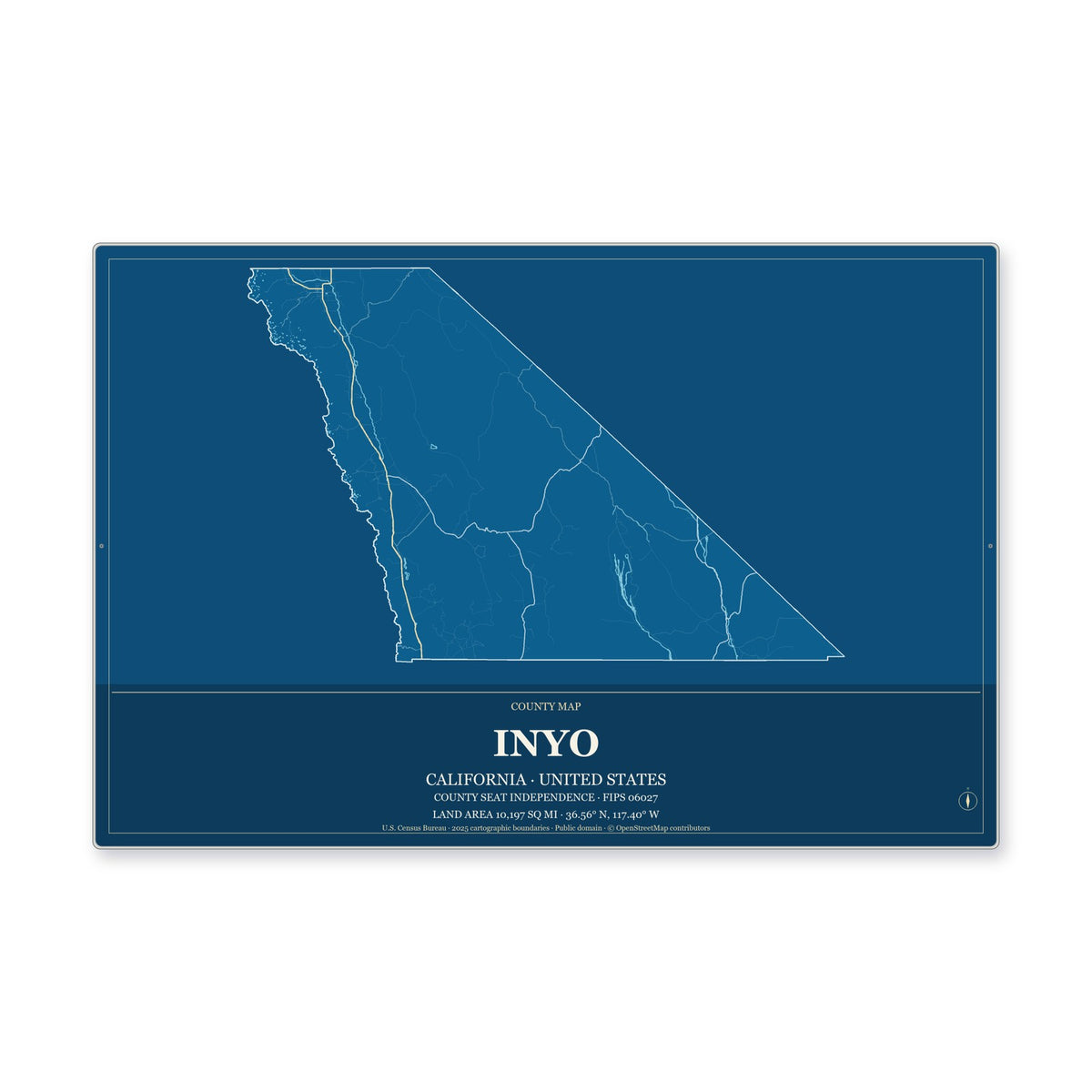 Inyo County, California Map Aluminum Sign in Harbor Cobalt style
