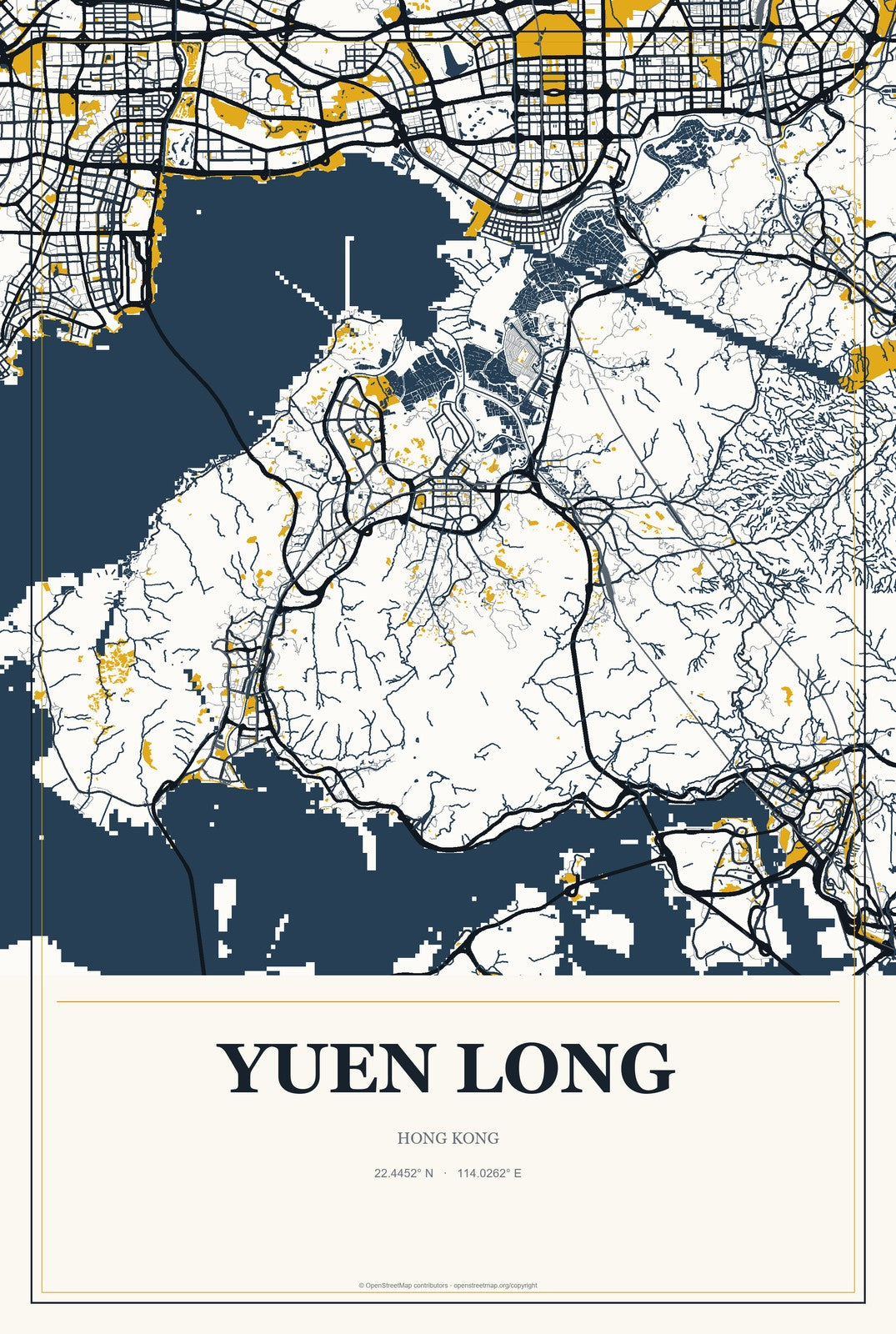 Yuen Long, Hong Kong City Map Aluminum Sign in Citrine Modern style