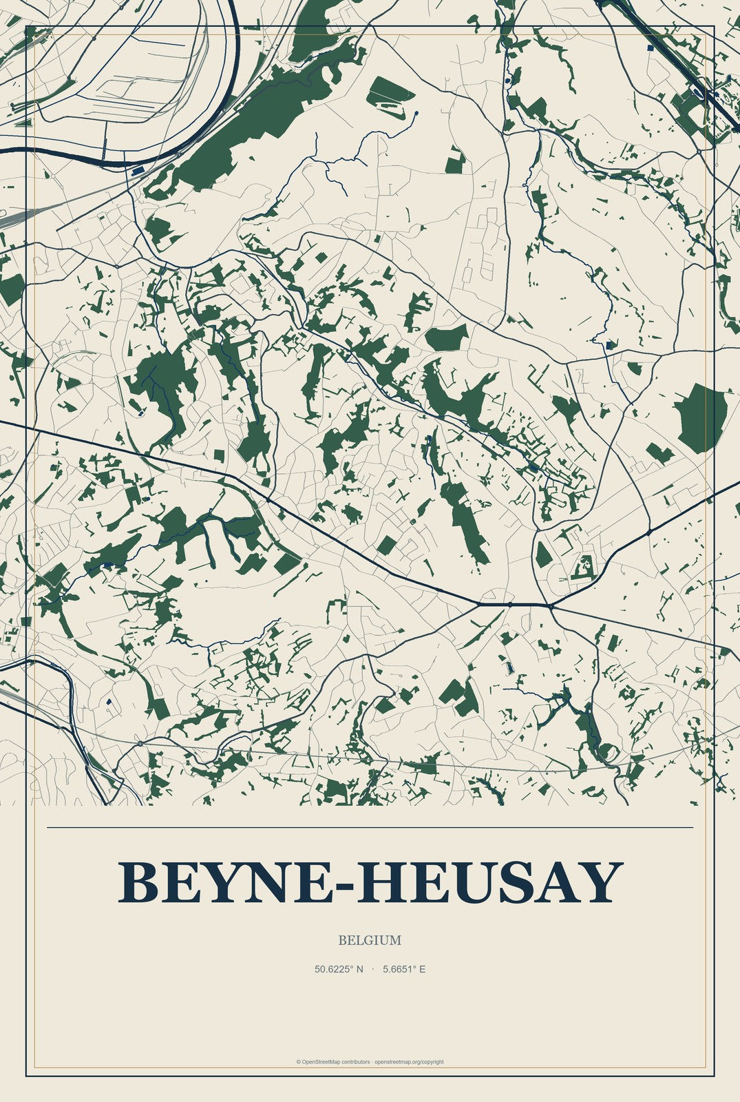 Beyne-Heusay, Belgium City Map Aluminum Sign in Coastal Cutout style