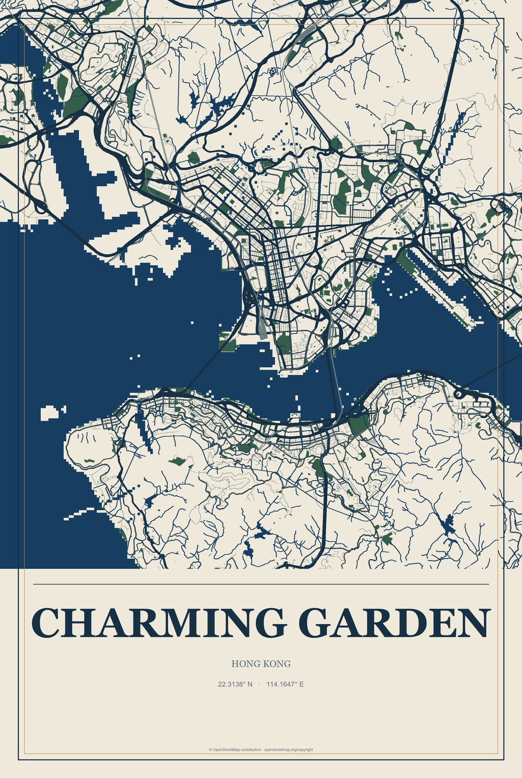 Charming Garden, Hong Kong City Map Aluminum Sign in Coastal Cutout style