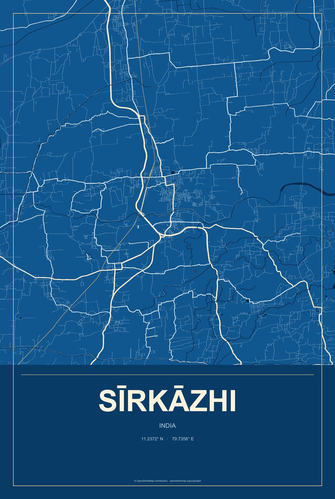 Sīrkāzhi, India City Map Aluminum Sign in Harbor Cobalt style