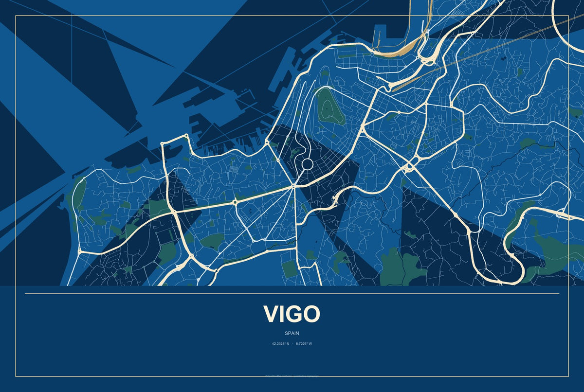Vigo, Spain City Map Aluminum Sign in Harbor Cobalt style