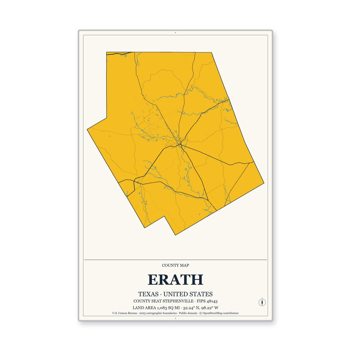 Erath County, Texas Map Aluminum Sign in Citrine Modern style
