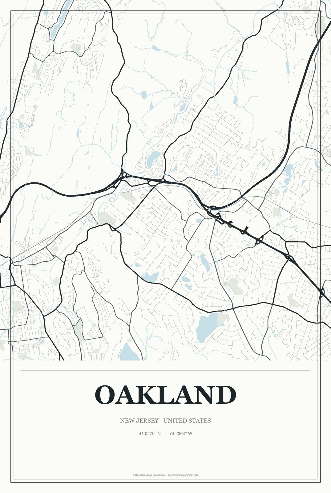 Oakland, New Jersey City Map Aluminum Sign in Gallery Air style