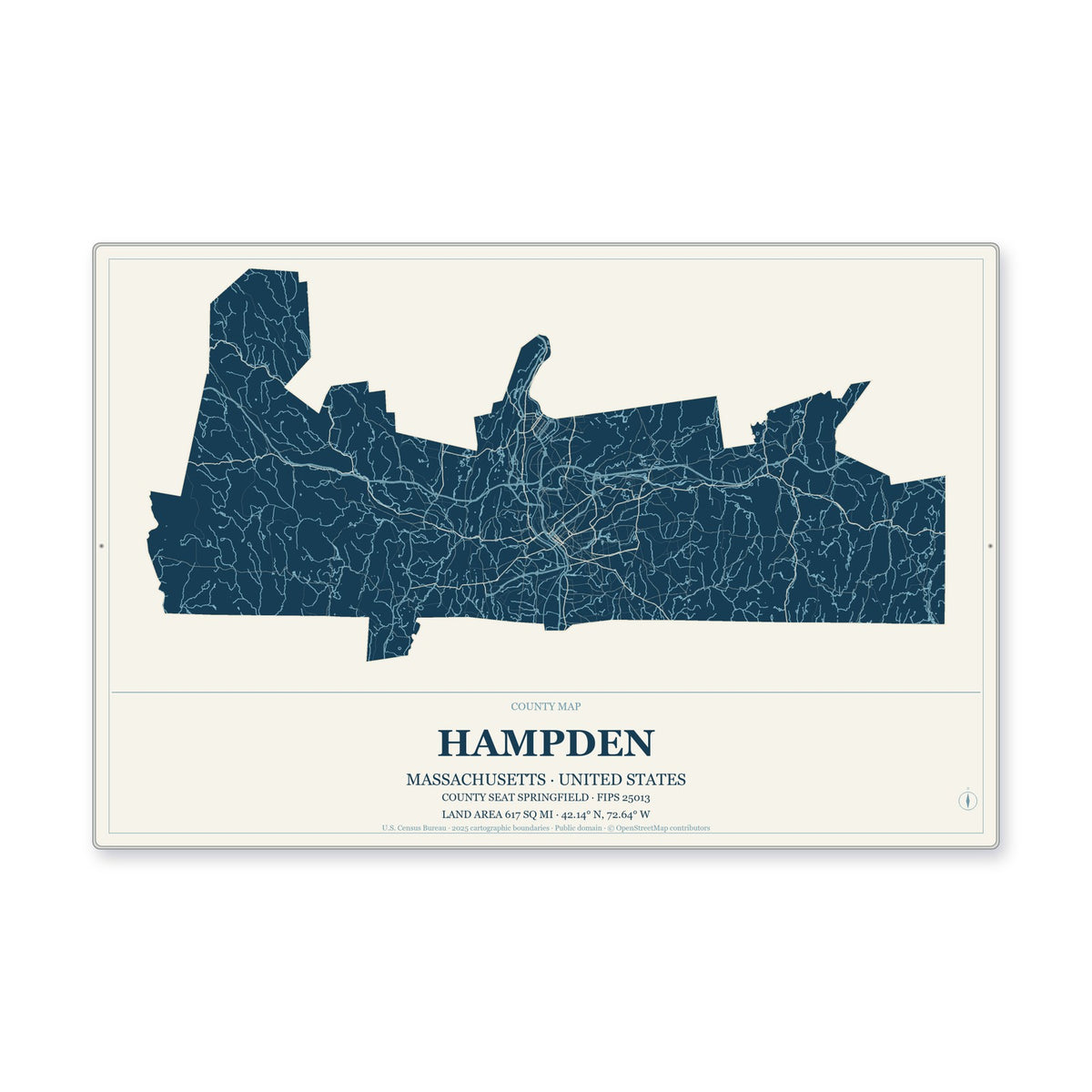 Hampden County, Massachusetts Map Aluminum Sign in Coastal Cutout style