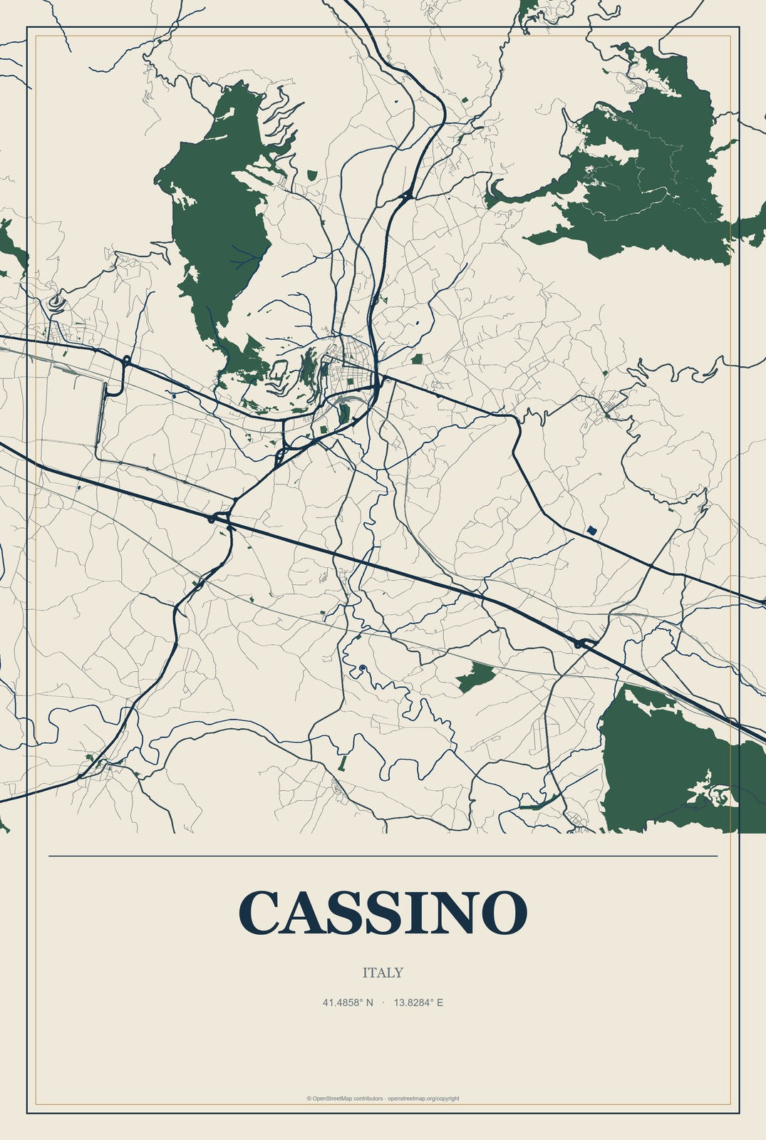 Cassino, Italy City Map Aluminum Sign in Coastal Cutout style