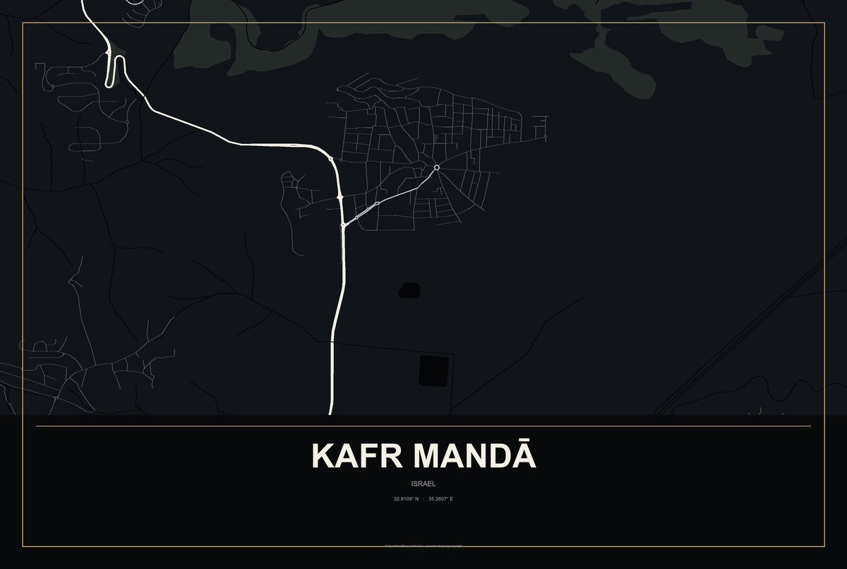 Kafr Mandā, Israel City Map Aluminum Sign in Metropolitan Noir style